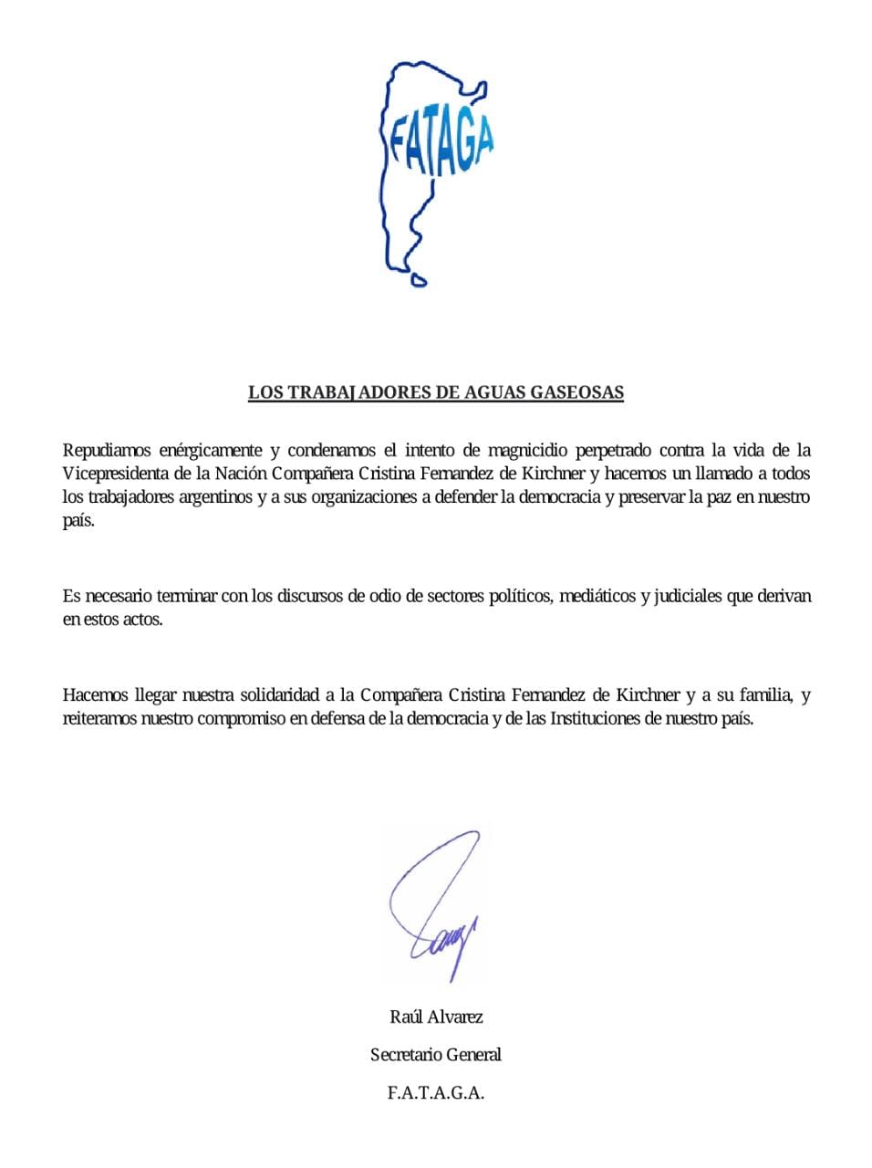 FATAGA repudia el intento de magnicidio contra Cristina Kirchner